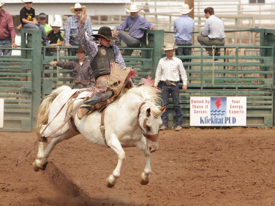A man rides a bucking horse during the 2015 Klickitat County Fair Rodeo.