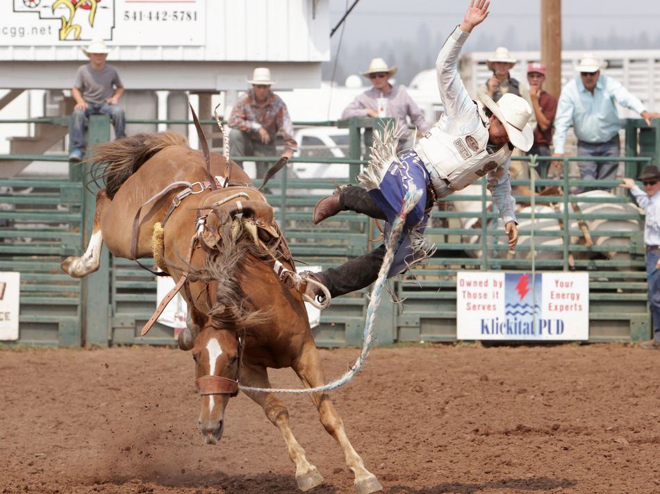A man is midair after having been bucked off a horse at the 2015 Klickitat County Fair Rodeo.