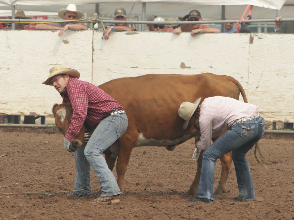 A man and woman partake in an event during the 2015 Klickitat County Fair Rodeo.