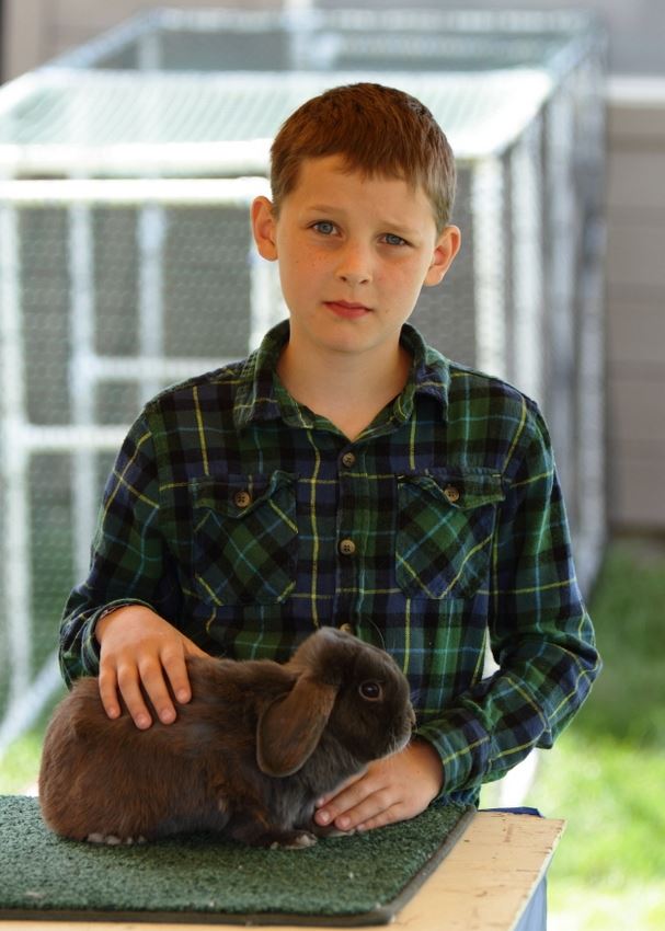 A boy stands next to his show rabbit at the 2014 Klickitat County Fair.