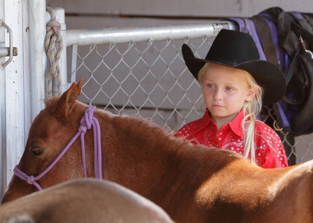 A little girl stands next to a pony at the 2014 Klickitat County Fair.
