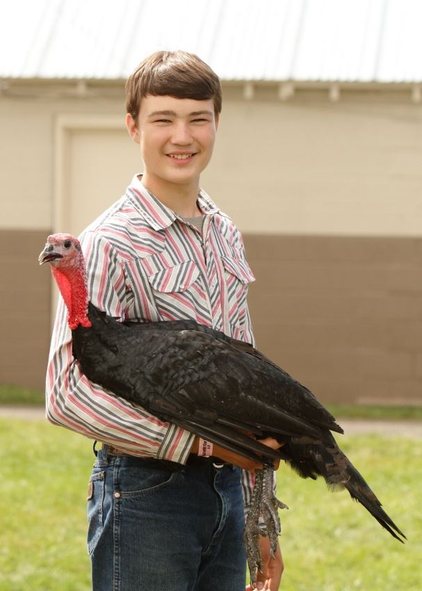 A young man holds his show turkey at the 2014 Klickitat County Fair.